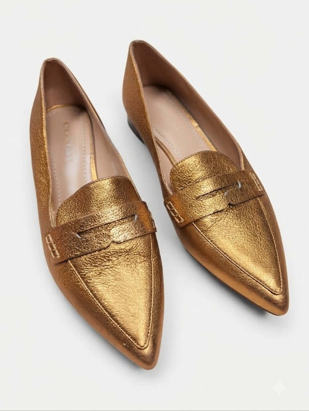 Coach Naomi Metallic Gold Copper Leather Pointed Toe Penny Loafers Size 8